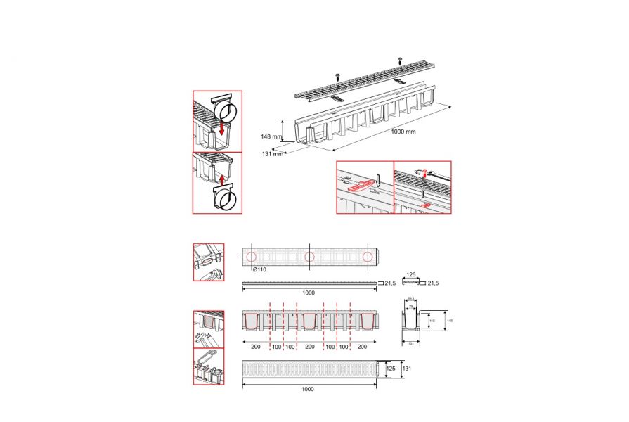 Kit complet: Rigola PPHD 1000x131x148 mm + Gratar otel zincat klasa A15 1000x125x21,5 mm + Block Sys