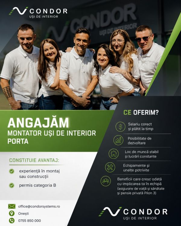 ANGAJĂM MONTATOR UȘI DE INTERIOR PORTA & MONTATOR TÂMPLĂRIE PVC ȘI ALUMINIU