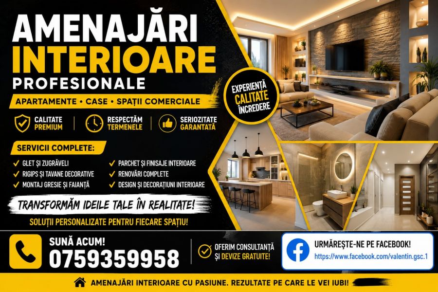 Amenajari interioare profesionale pentru apartamente, case si spatii comerciale