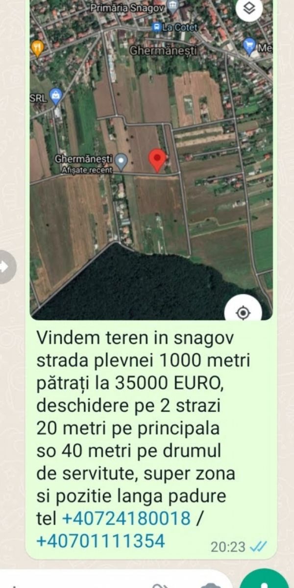 Teren snagov 1000 metri deschidere 20 metri 